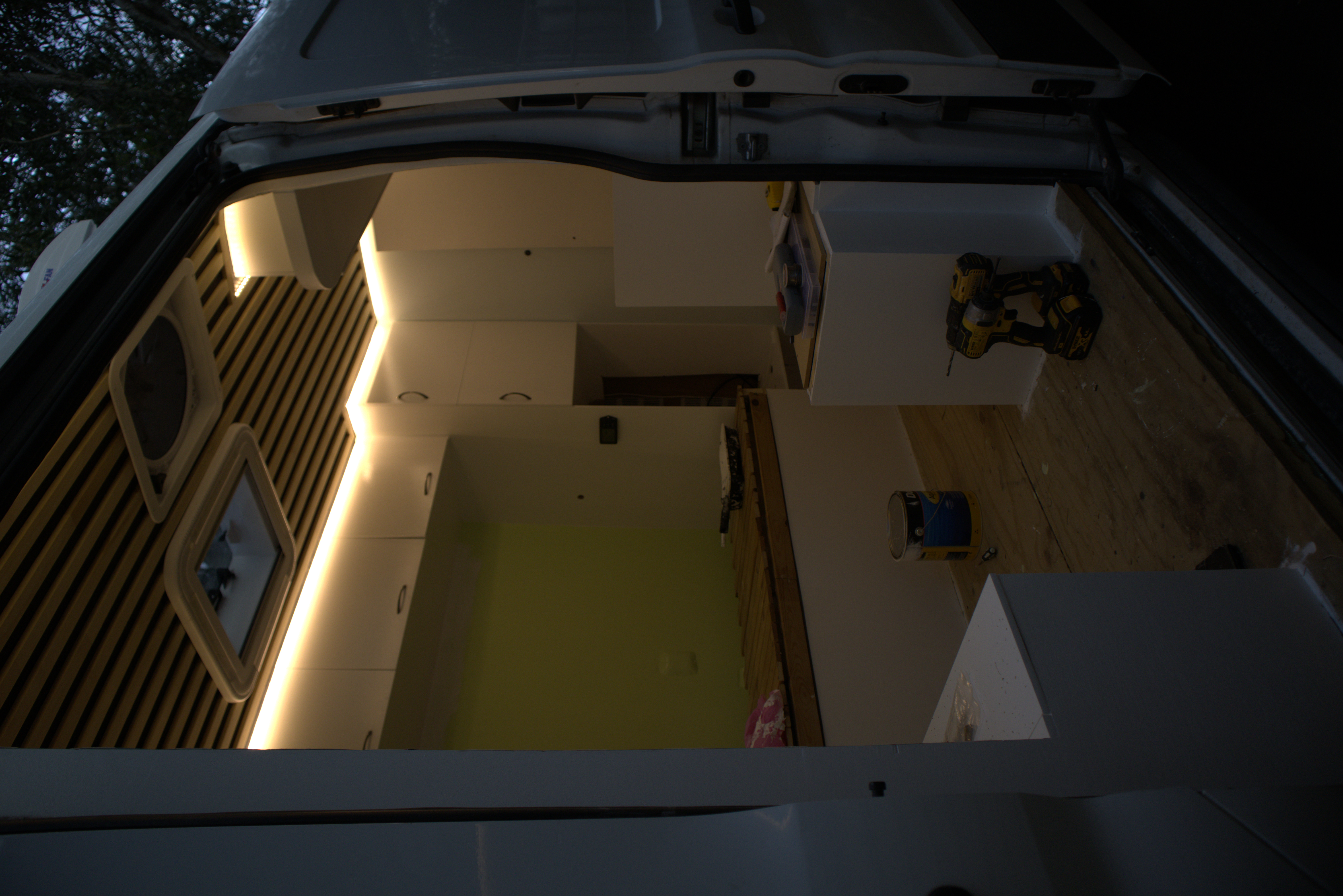 Inside with lights on during build